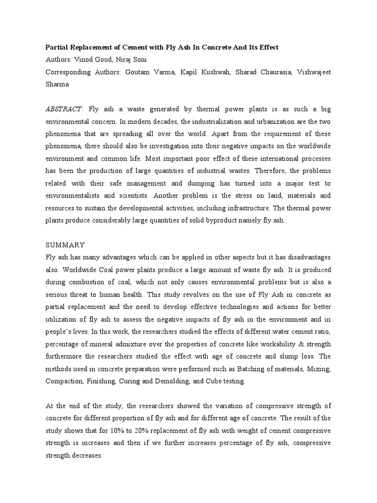 Partial Replacement of Cement With Fly Ash in Concrete and Its Effect ...
