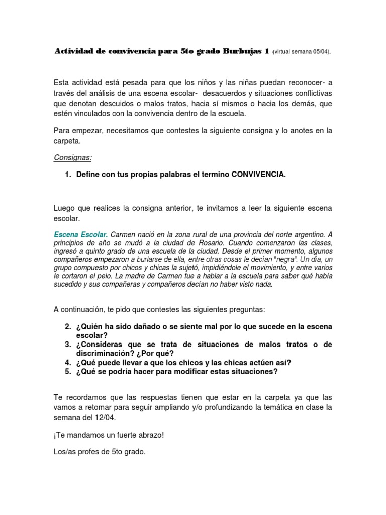 Actividad de Convivencia para 5to Grado | PDF | Artes del Lenguaje y ...