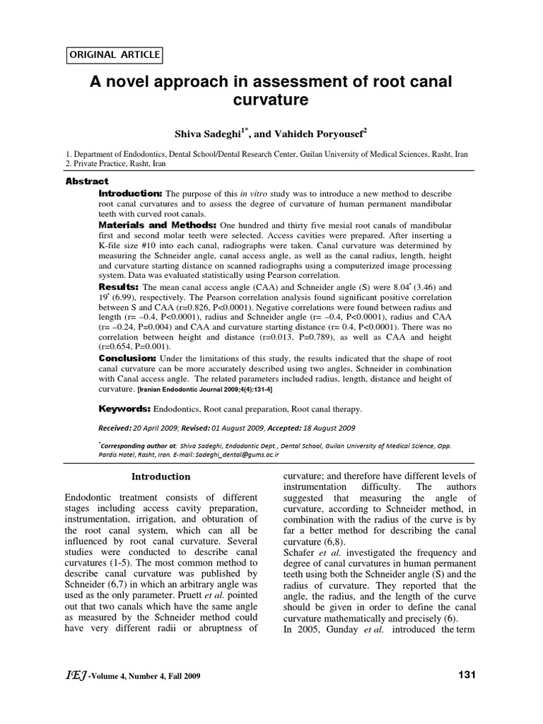 A Novel Approach in Assessment of Root Canal Curvature PDF Curvature Geometric Measurement