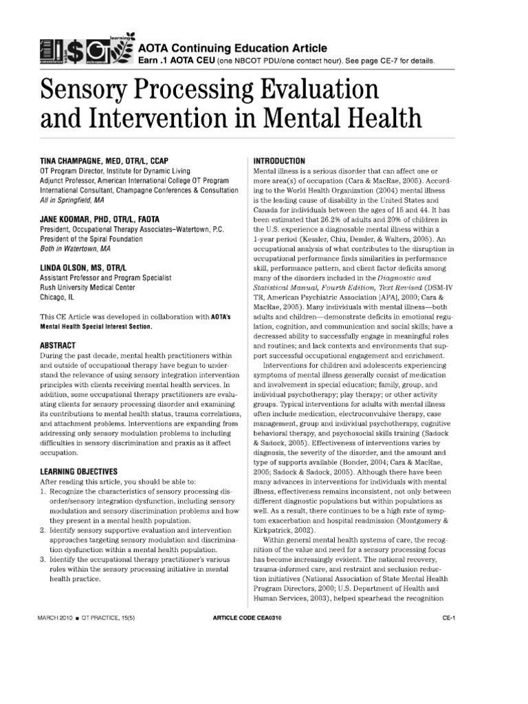 Sensory Processing Evaluation and Intervention in Mental Health Mar10