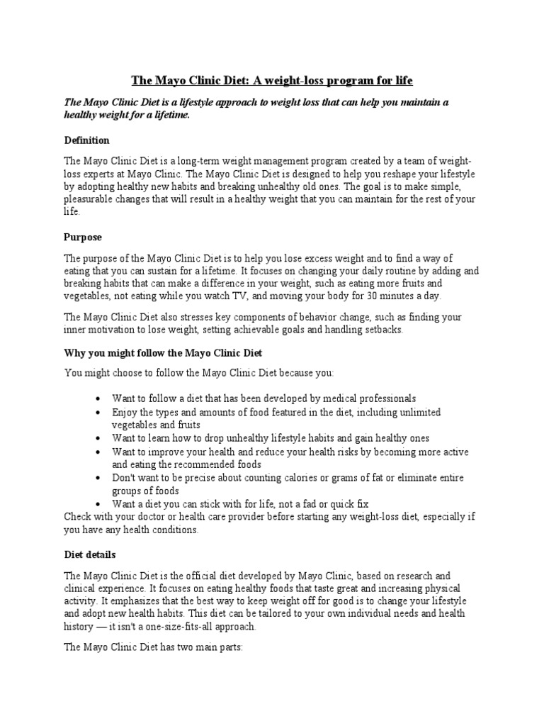 The Mayo Clinic Diet Is A Lifestyle Approach | PDF | Dieting | Weight Loss for Free Printable Mayo Clinic Diet