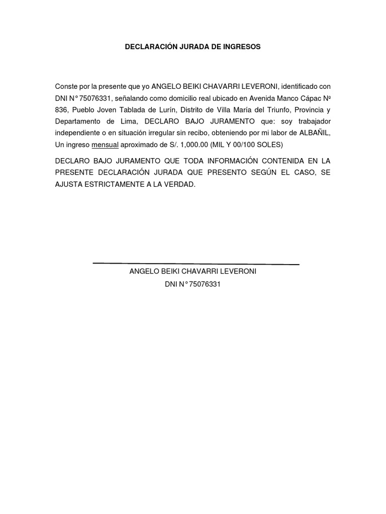 Declaración Jurada de Ingresos de Albañil | PDF | Derecho