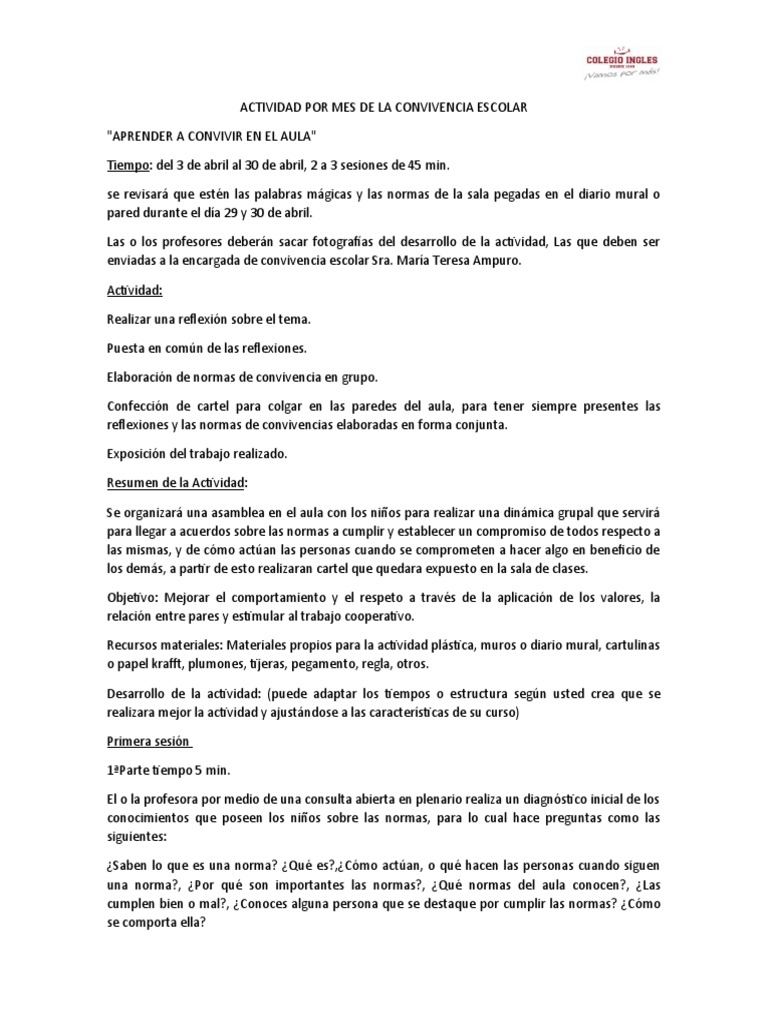 Actividad Por Mes de La Convivencia Escolar | PDF | Salón de clases ...