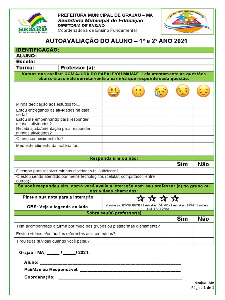 Autoavaliação do Aluno - 1º e 2º Ano 2021 | PDF
