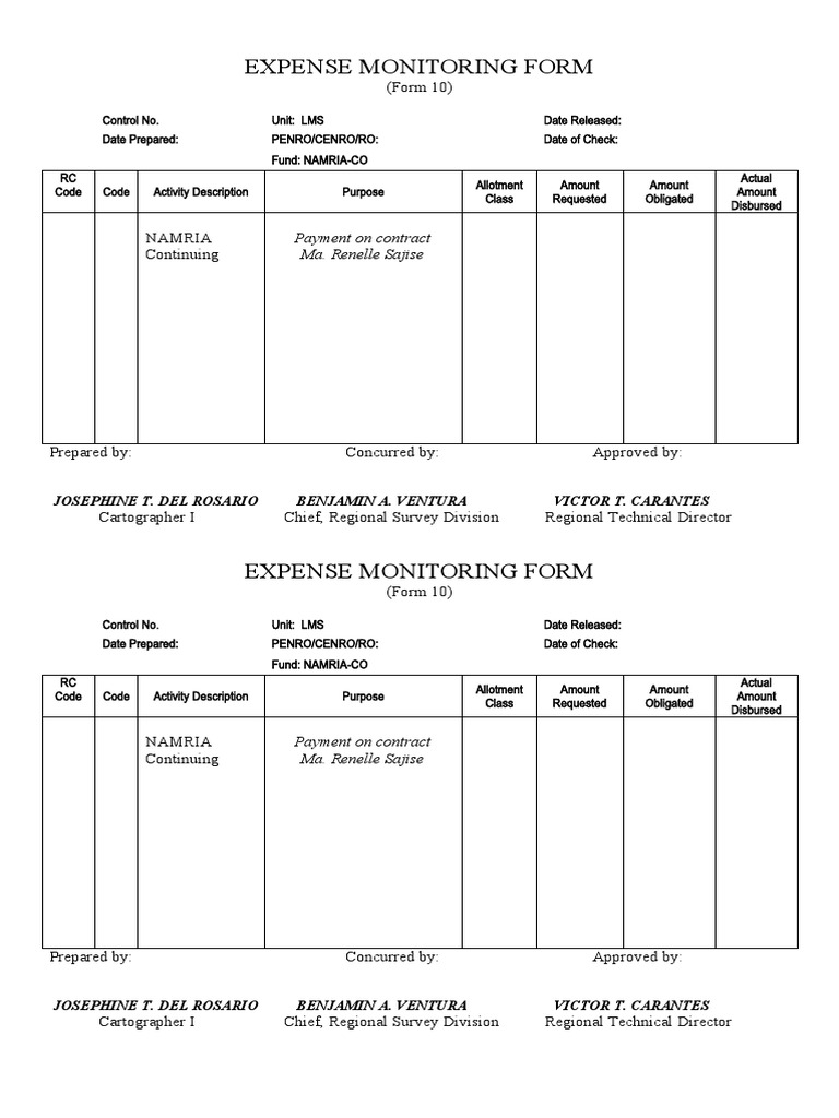 Expense Monitoring Form: Payment On Contract Ma. Renelle Sajise | PDF ...