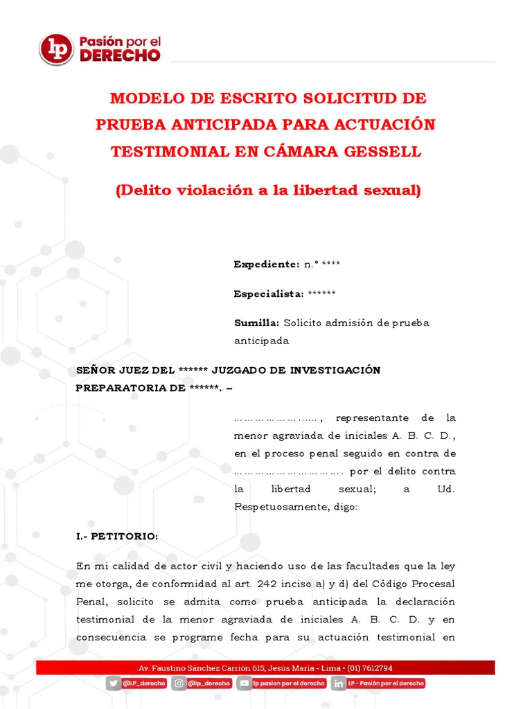Modelo Prueba Anticipada Proceso Penal LP 1 | PDF | Evidencia (ley