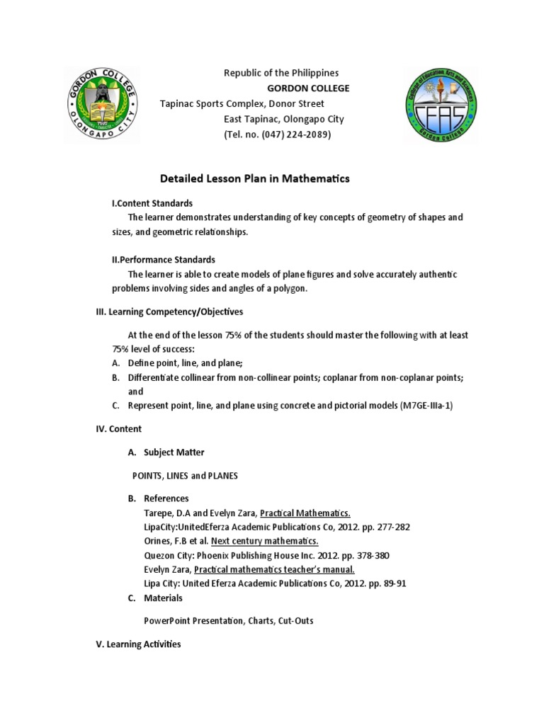 Detailed Lesson Plan in Mathematics | PDF | Geometry | Line (Geometry)