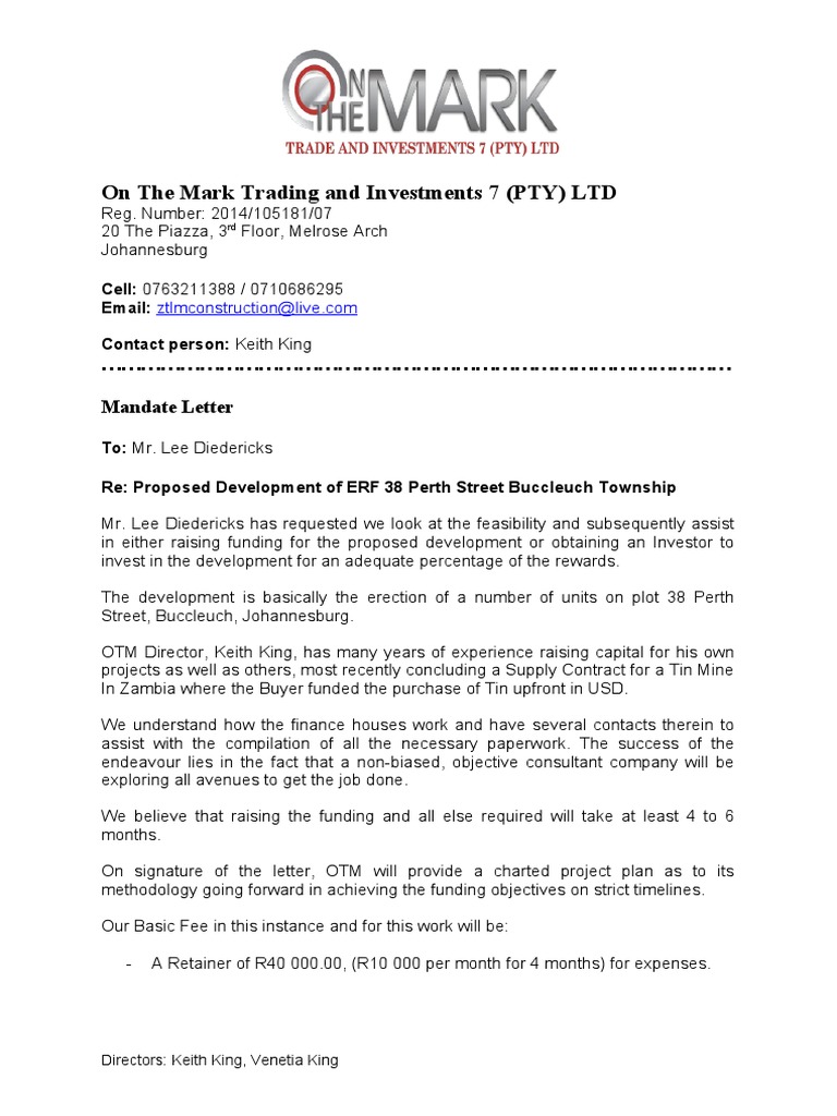 Lee Diedericks OTM Buccleuch Mandate Letter | PDF | Money | Economies