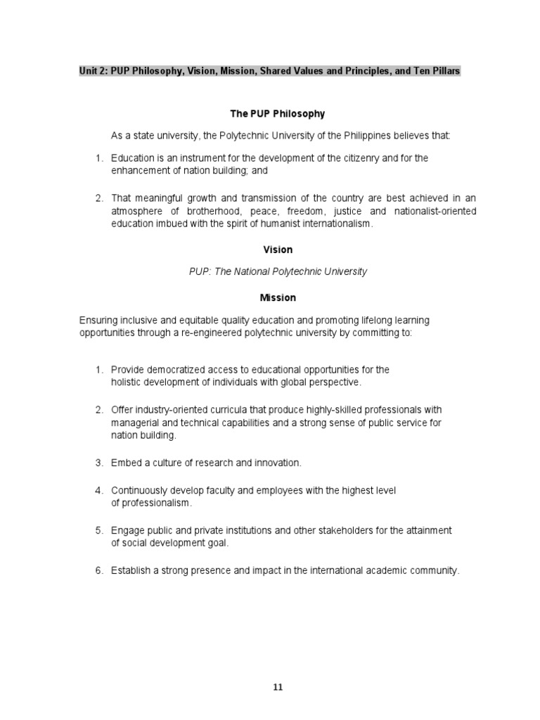 Unit 2: PUP Philosophy, Vision, Mission, Shared Values and Principles ...
