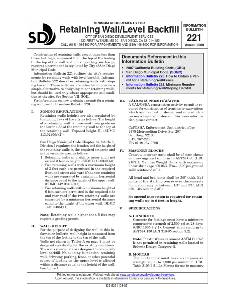 San Diego Retaining Wall Guidelines | PDF | Masonry | Concrete