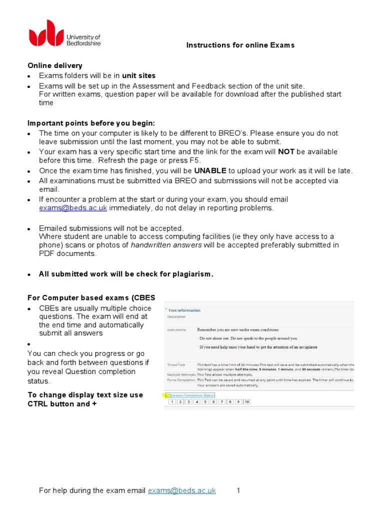 Instructions For Online Exams Online Delivery Examsbeds Ac.uk PDF Test (Assessment