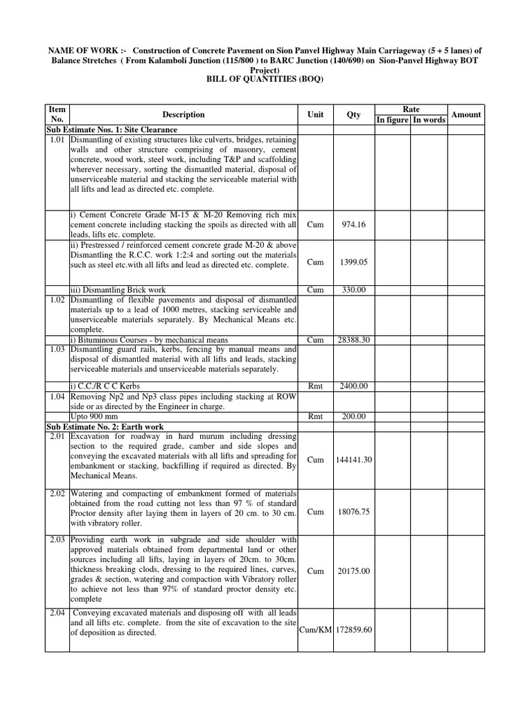 PQC Road Construction Bill of Quantities | PDF | Asphalt | Road Surface