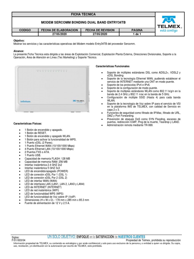 Ficha Técnica Módem Sercomm Entry34TB | PDF | Línea de abonado digital ...