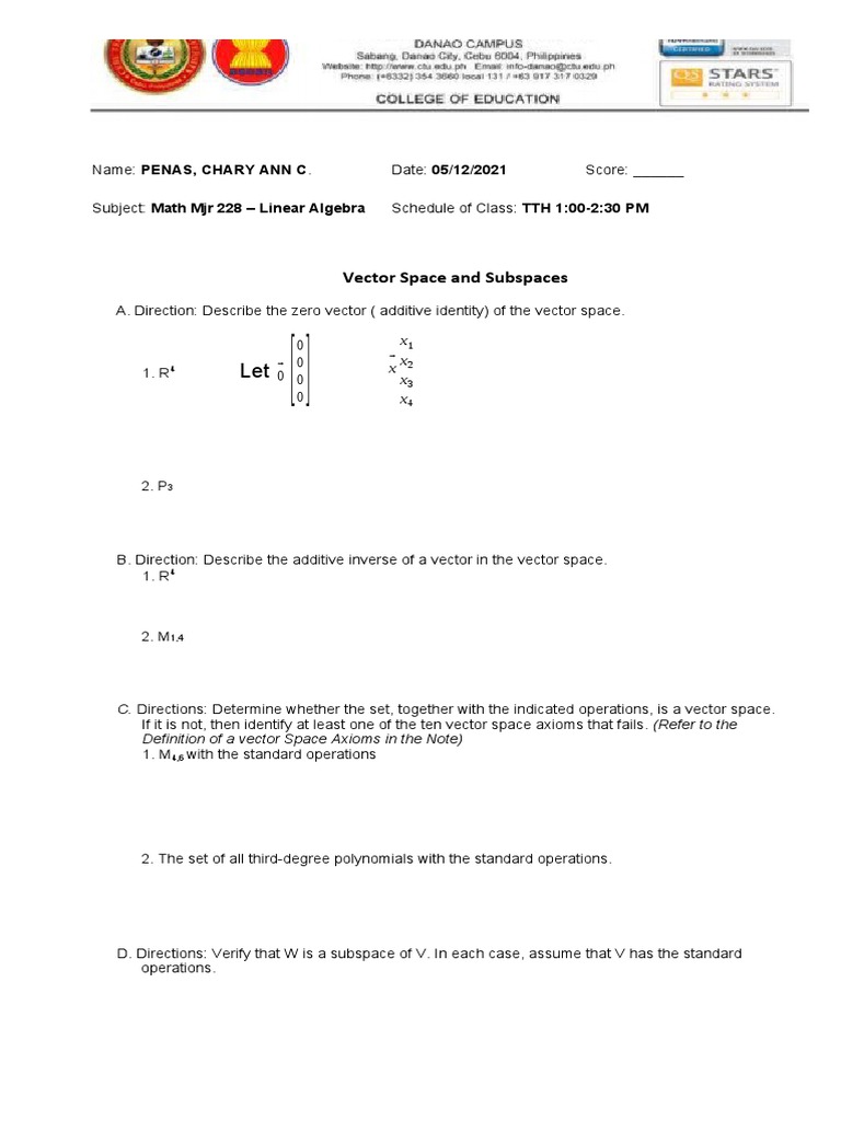 Activity - Vector Space and Subspace | PDF