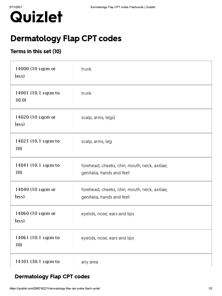 Dermatology Flap CPT Codes Flashcards PDF