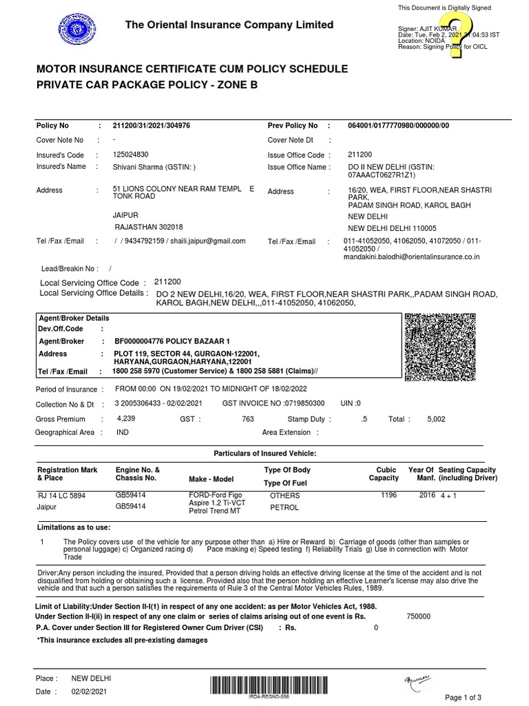 The Oriental Insurance Company Limited PDF Insurance Private Law