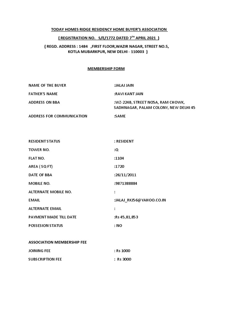 Today Homes Ridge Residency Membership Form | PDF | Sikhism | Business