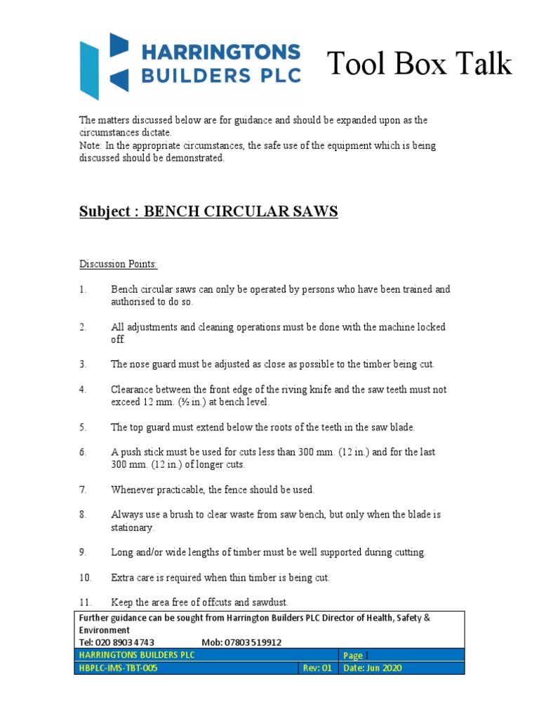 TOOLBOX TALK No 5 Bench Circular Saws PDF