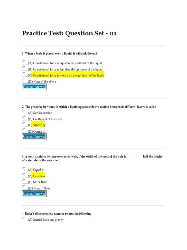 Fluid Mechanics MCQ Practice Test | PDF | Fluid Dynamics | Buoyancy