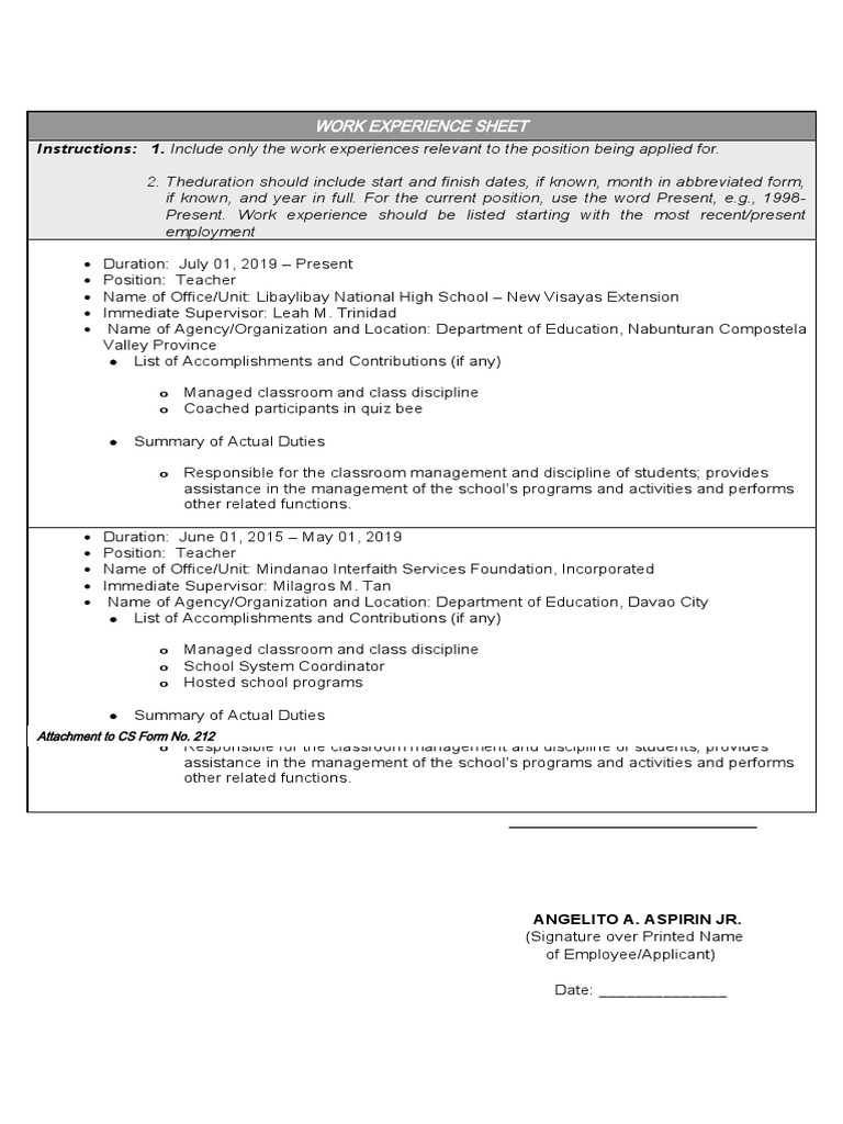 Teacher Work Experience Sheet 212 | PDF | Teaching | Behavior Modification