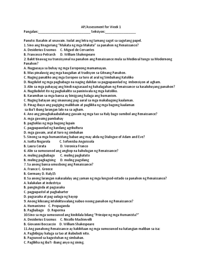 Ap Assessment Week 1 Q3 | PDF