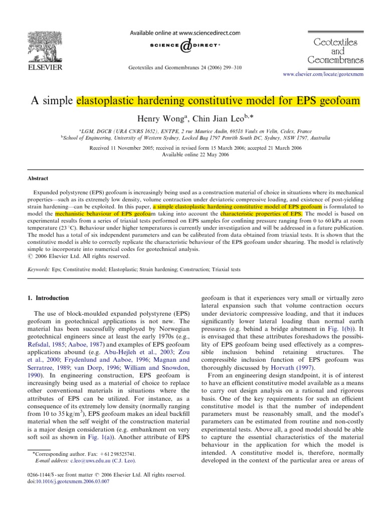 A Simple Elastoplastic Hardening Constitutive Model For EPS Geofoam ...