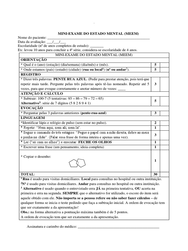 Mini-Exame do Estado Mental (MEEM) | PDF | Hospital e clínica | Science