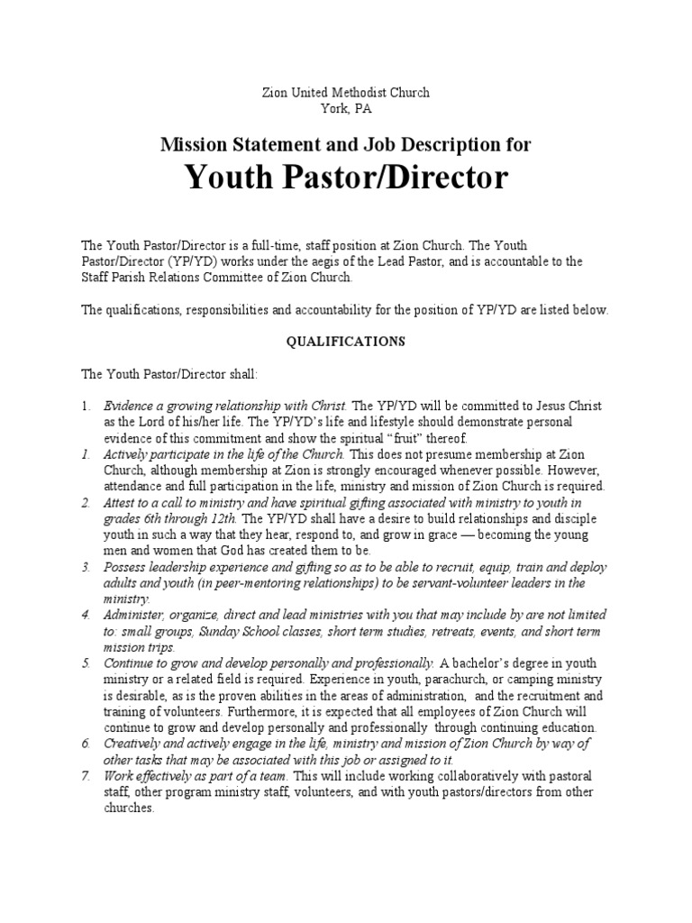 Zion Church YP/YD Job Description | PDF | Protestant Youth Ministry ...