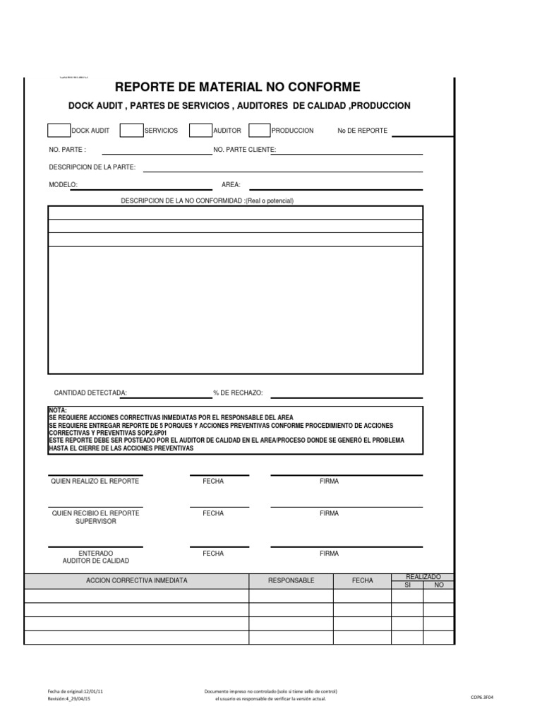 Reporte de Material No Conforme Dock Audit | PDF