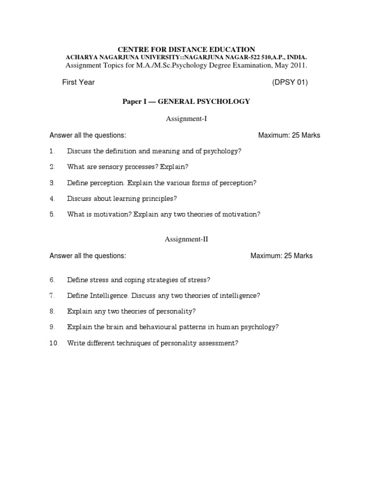 Assignment Topics For M.A./M.Sc Psychology Degree Examination, May