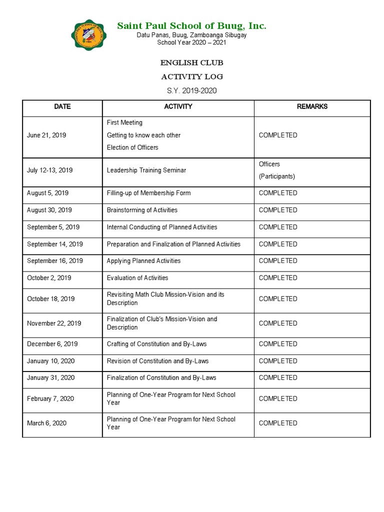 Saint Paul School of Buug, Inc.: English Club Activity Log S.Y. 2019 ...