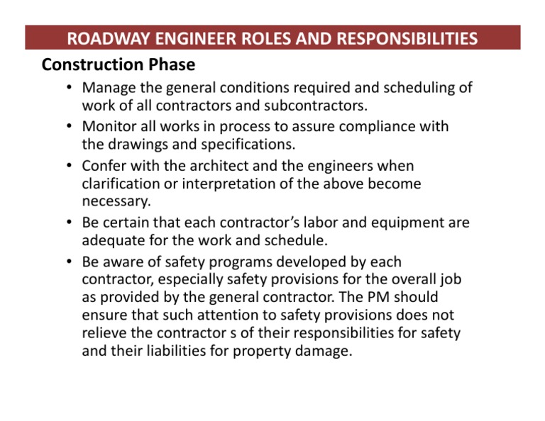 Roadway Engineer Roles and Responsibilities: Construction Phase | PDF