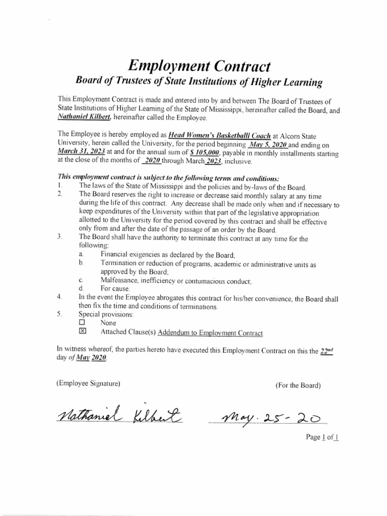 Nate Kilbert Signed Contract and Addendum | PDF