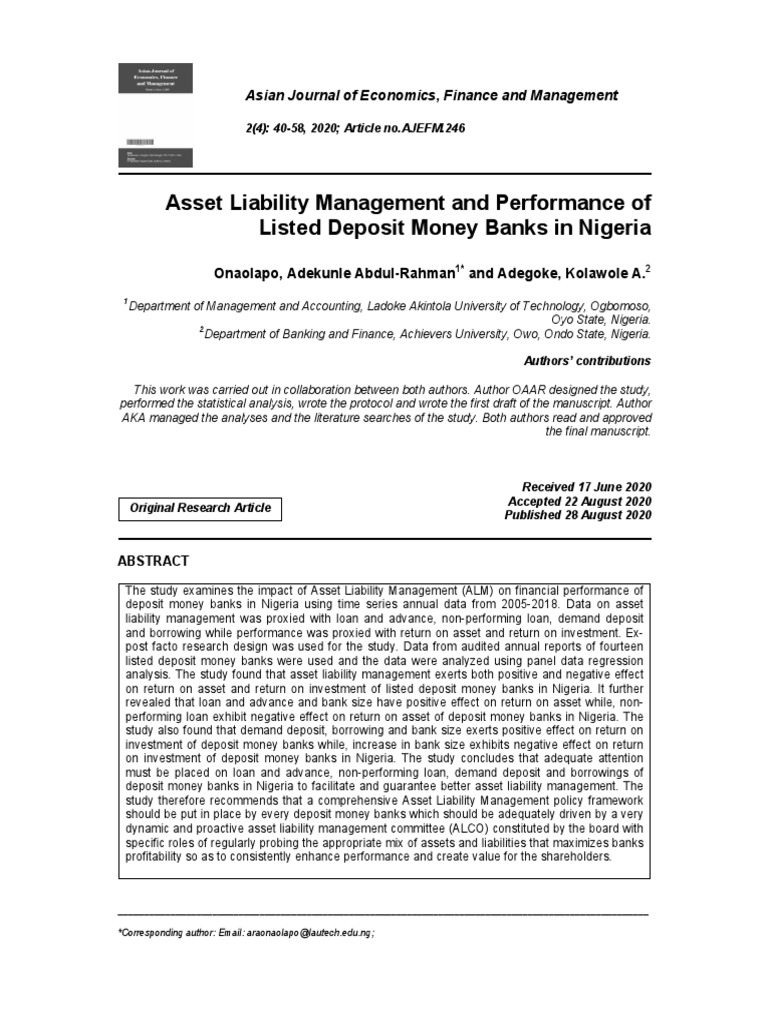 Asset Liability Management and Performance of Listed Deposit Money Banks in Nigeria PDF
