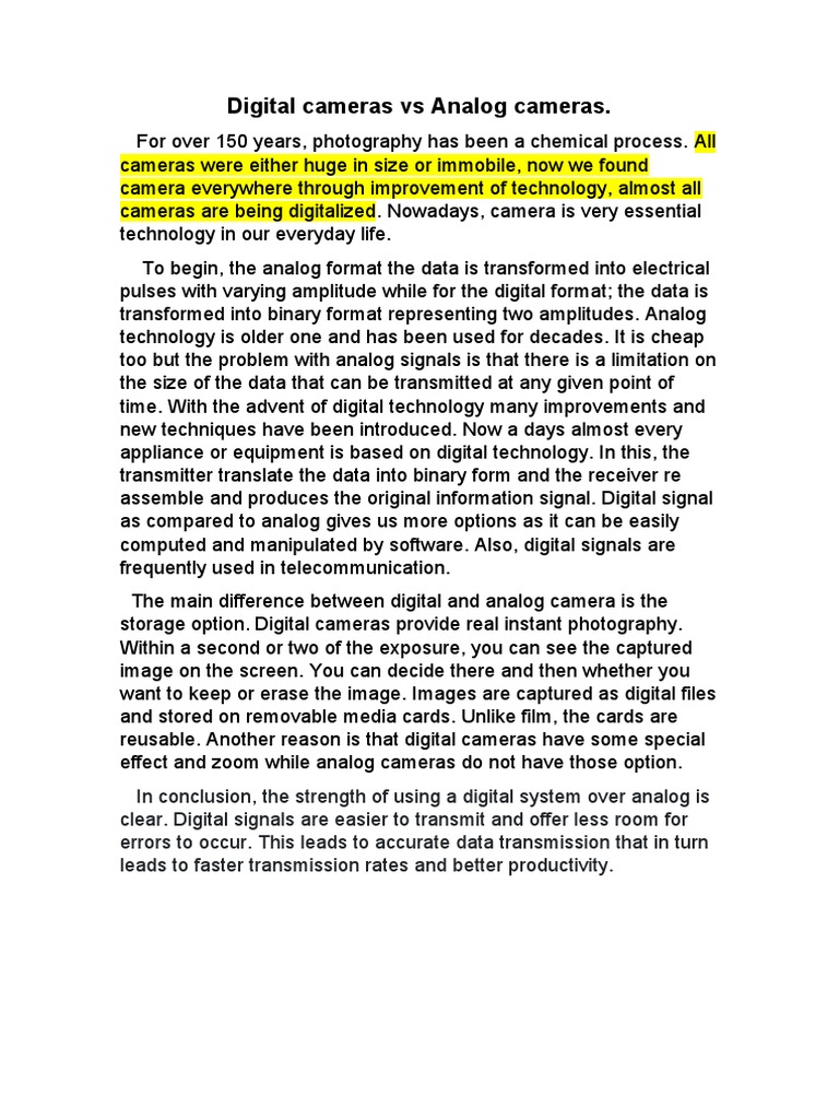 Digital Cameras Vs Analog Cameras PDF