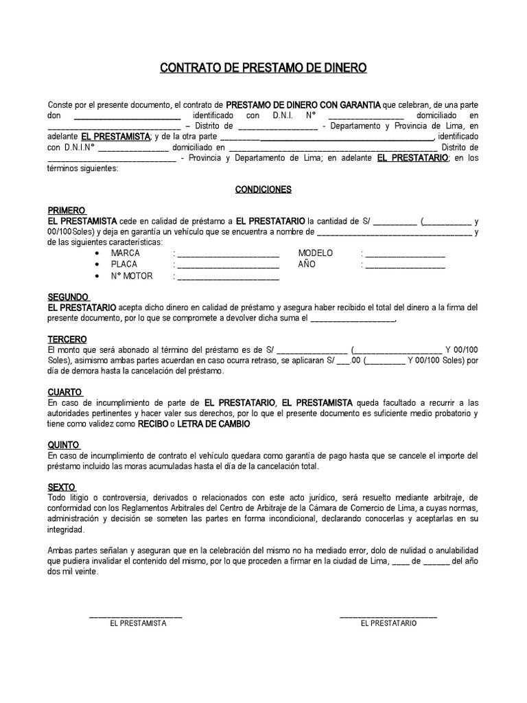 Contrato de Préstamo de Dinero con Garantía | PDF | Arbitraje | Derecho ...