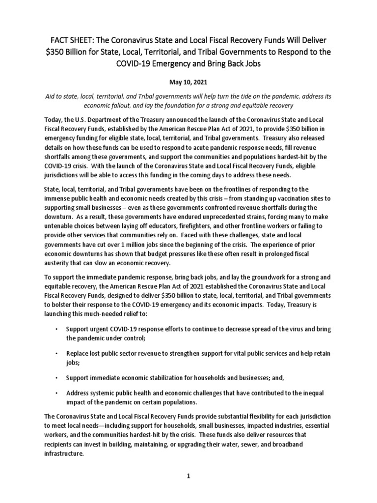 State and Local Fiscal Recovery Funds Fact Sheet | PDF | Public Health ...