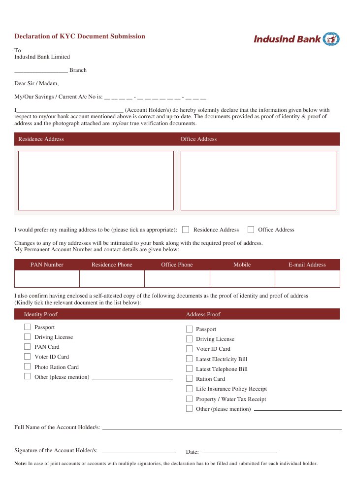 KYC Declaration for IndusInd Bank | PDF | Official Documents | Identity ...
