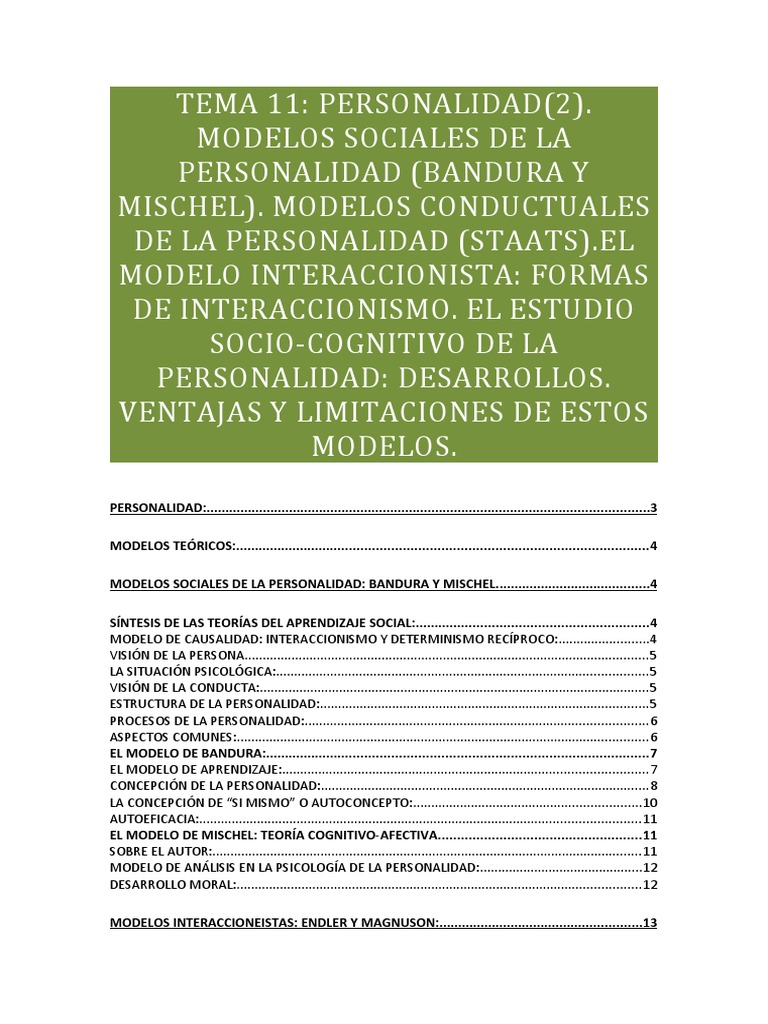 Tema 11 Personalidad 2 Modelos Sociales | PDF | Comportamiento | Psicología  de la personalidad