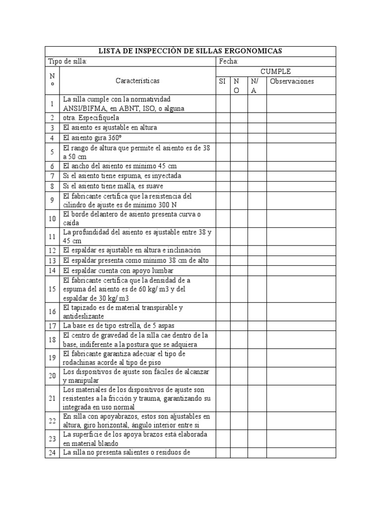 Lista de Inspecciòn de Sillas Ergonomicas y Superficies | PDF ...