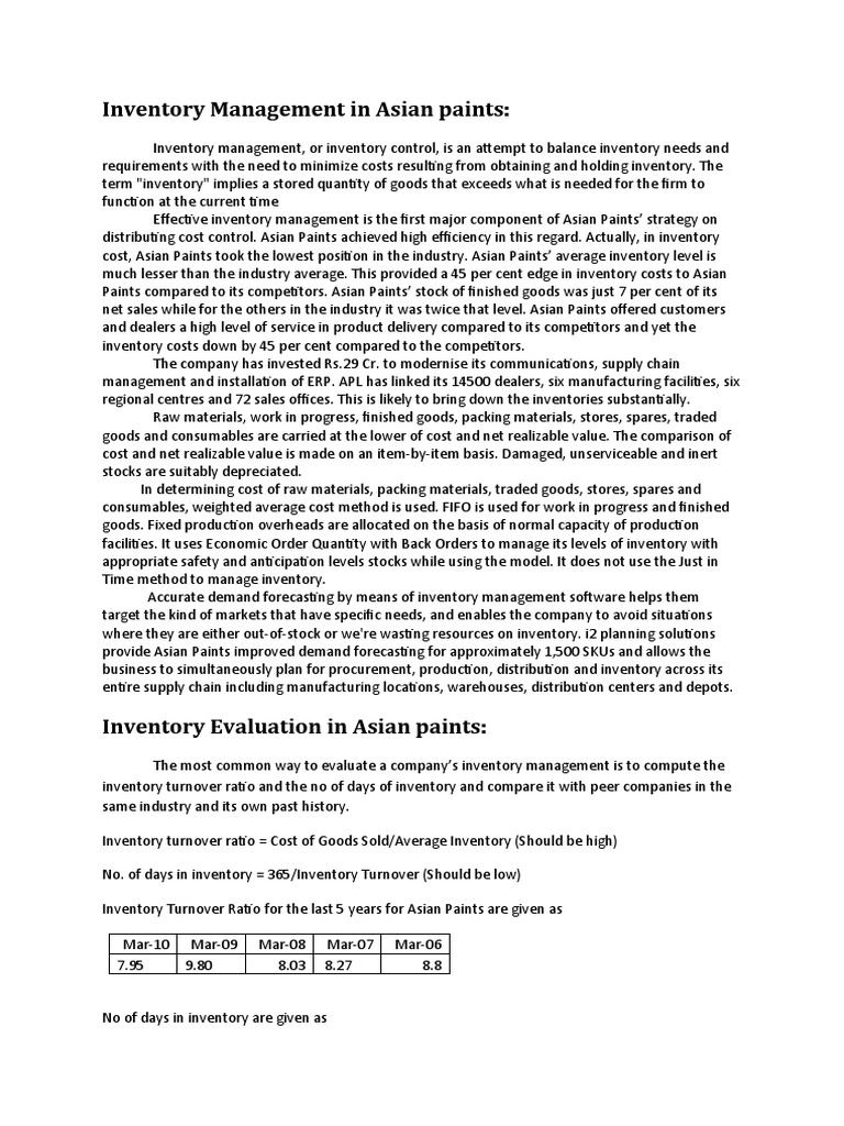 Asian Paints Inventory Management Insights | PDF | Inventory | Market ...