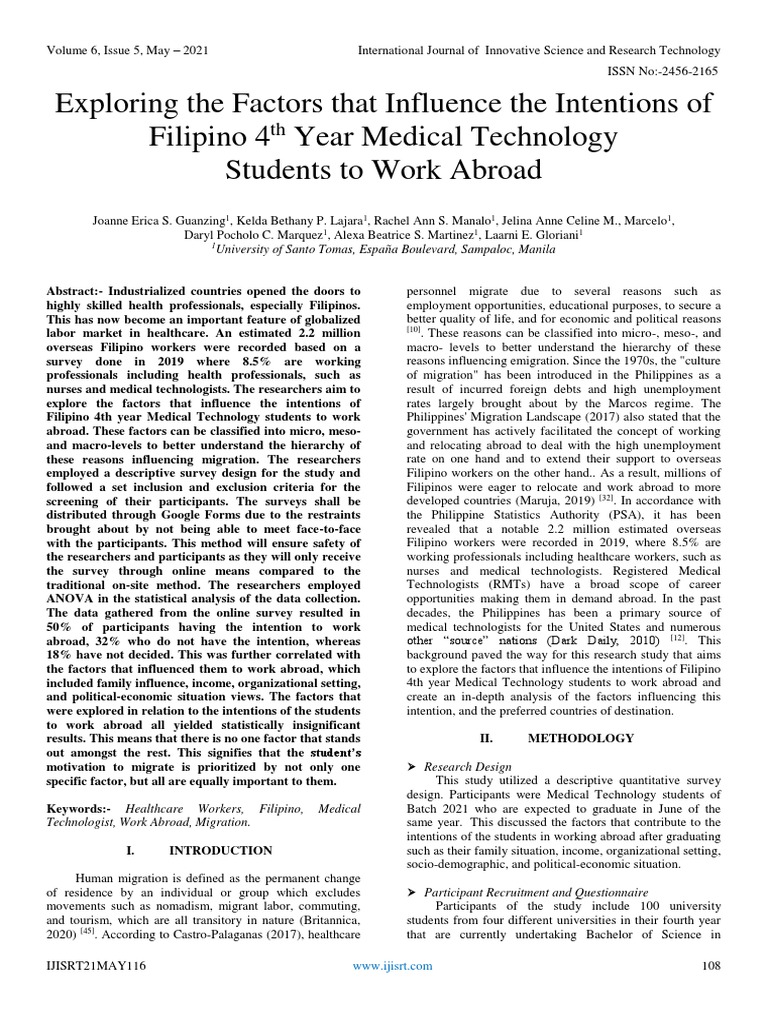 Exploring The Factors That Influence The Intentions of Filipino 4 TH Year Medical Technology