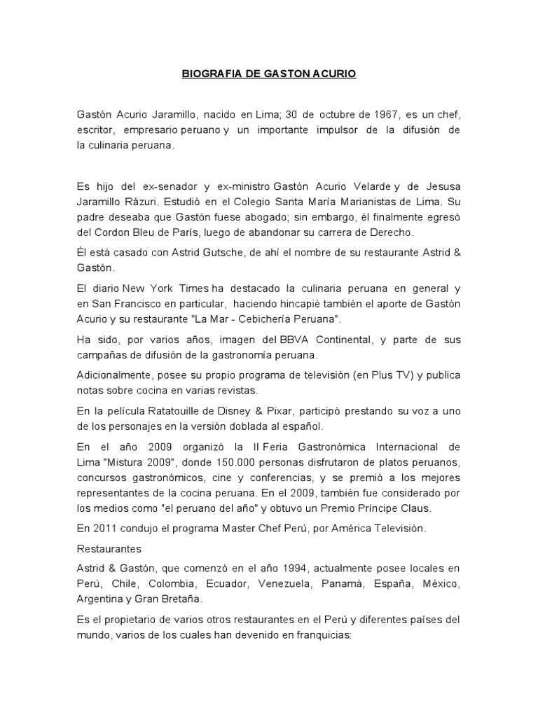 Biografia de Gaston Acurio | PDF | Restaurante y Catering | Alimentos