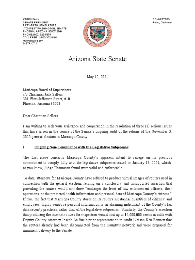 Exclusive Letter to Maricopa County Board from Arizona Senate on Deleted Database in Voting Machines