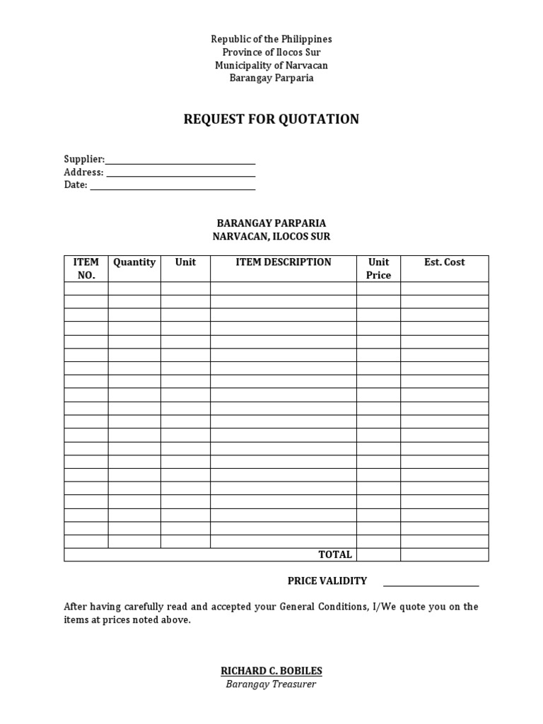 Request For Quotation Republic of The Philippines Province of Ilocos
