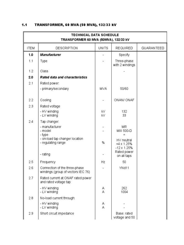 60 MVA Transformer Technical Specifications | PDF | Transformer ...