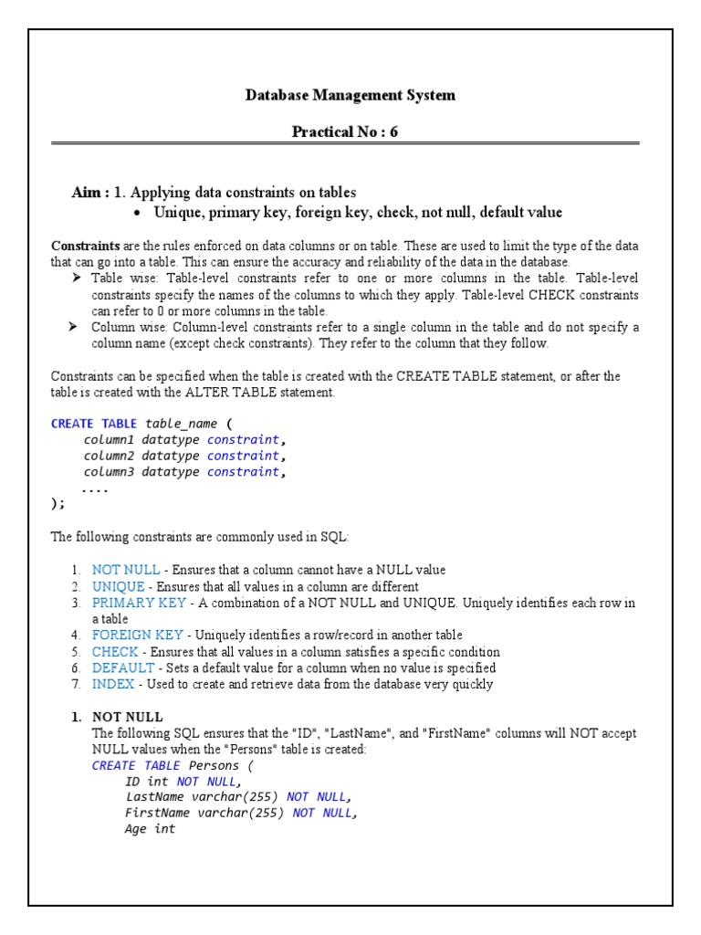 Unique, Primary Key, Foreign Key, Check, Not Null, Default Value | PDF |  Relational Database | Database Index