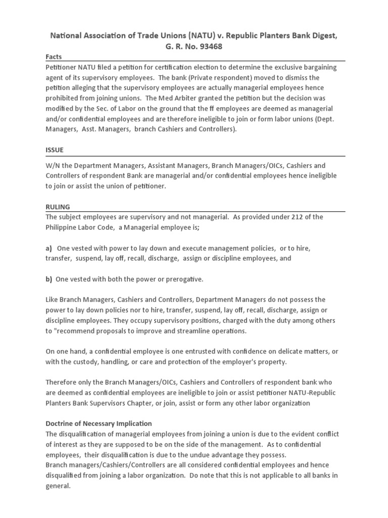Digest NatuRepublic Planters vs. Torres PDF Trade Union Employment