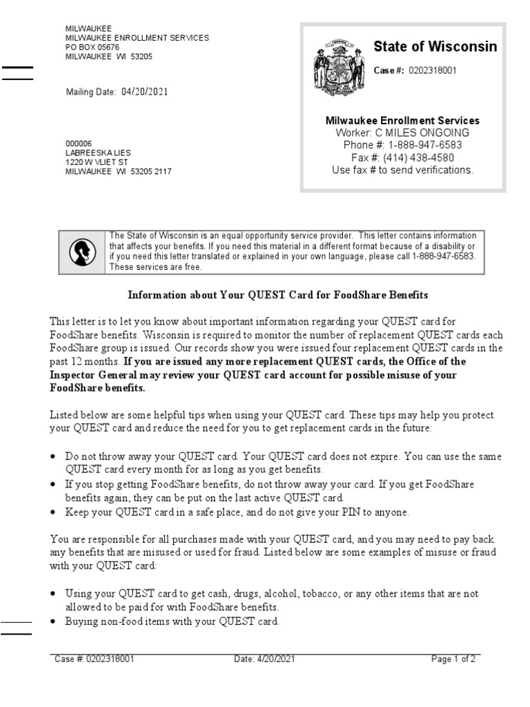 State of Wisconsin Information About Your Quest Card For Foodshare