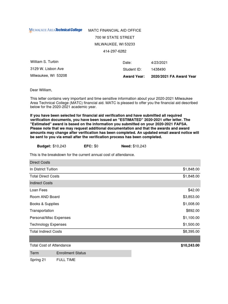 MATC 2020-2021 Financial Aid Award Details | PDF | Education Economics ...